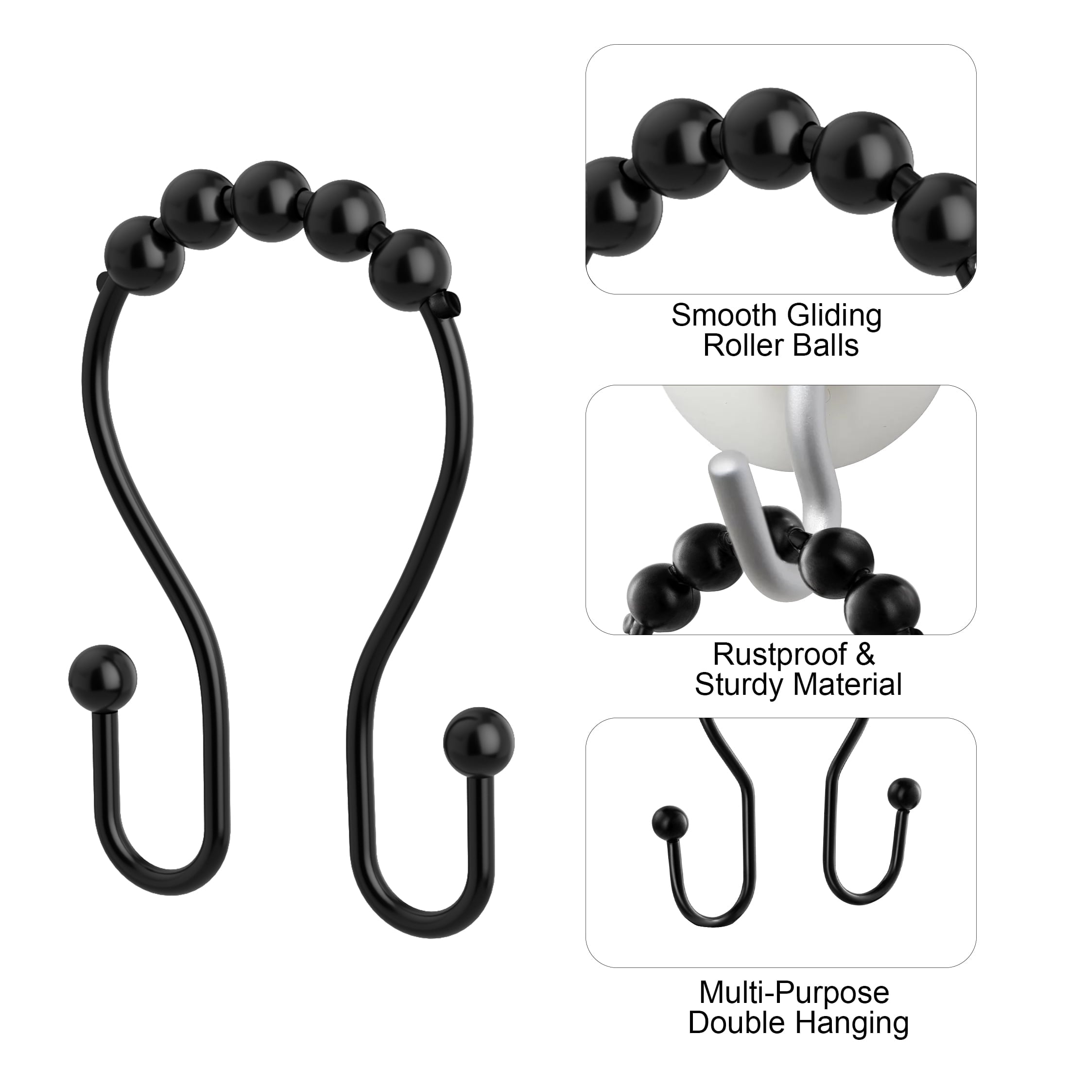 Siaomo Shower Curtain Hooks, 12 Pcs Shower Curtain Rings, Premium Stainless Steel, Rustproof, Easy Glide, for Bathroom Shower Rods Curtains - Double Hooks, Black