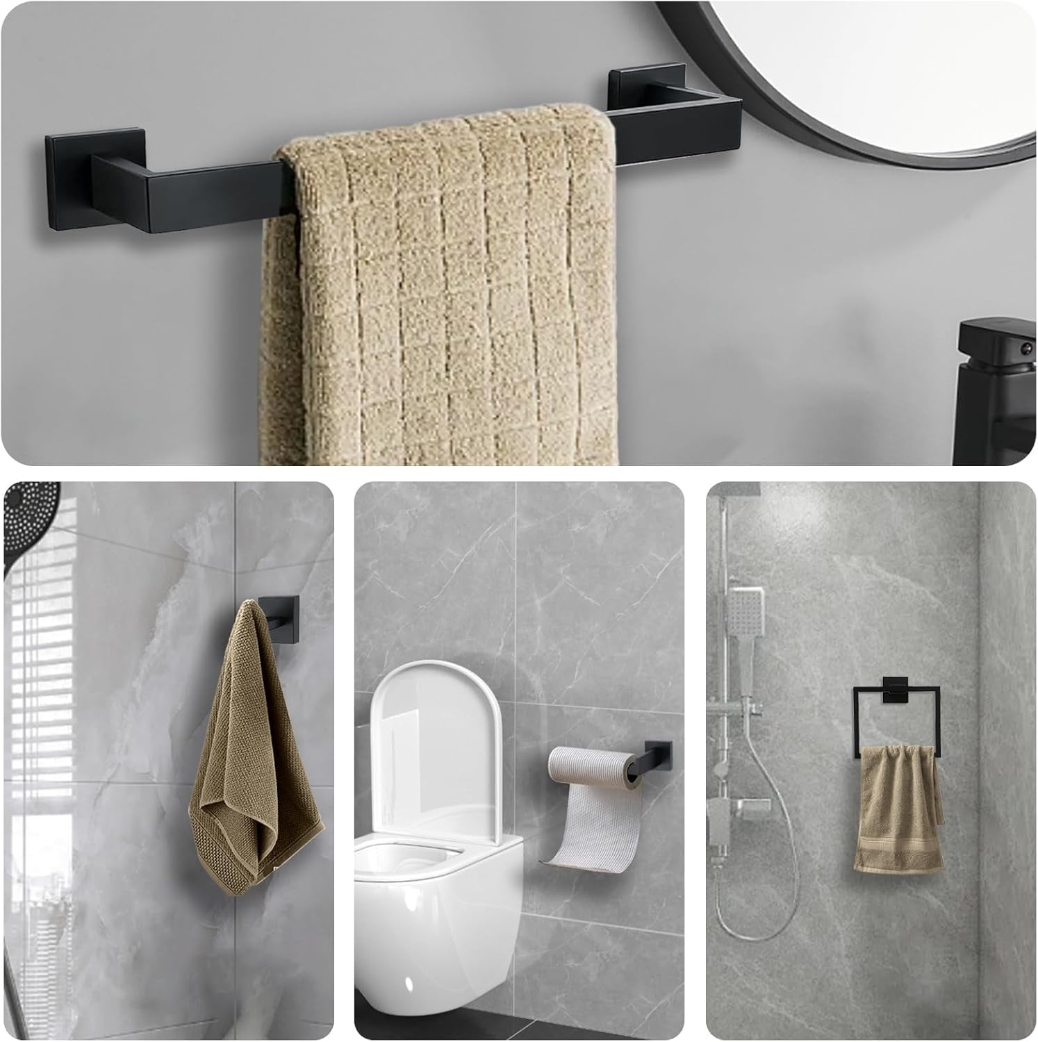 stusgo Matte Black 5-Piece Square Bathroom Hardware Set,40cm Towel Bar,Toilet Paper Holder,Towel Ring,and 2 Towel Hooks,SUS 304 Stainless Steel Bathroom Accessories,Wall Mounted Towel Rack Kit（Black）
