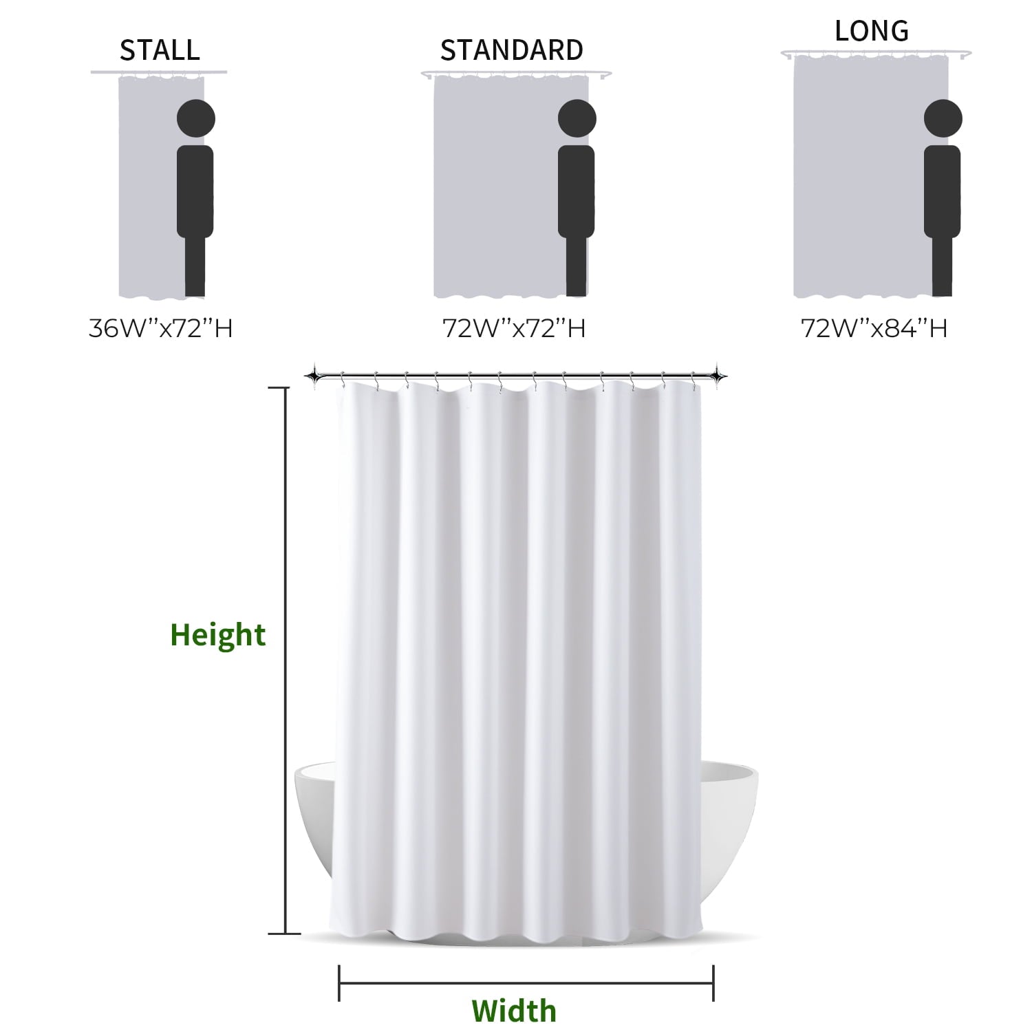 Yiannan Fabric Water-Repellent Shower Curtain,Mold Resistant & Machine Washable Shower Curtain liner,72 x 72 inches,White