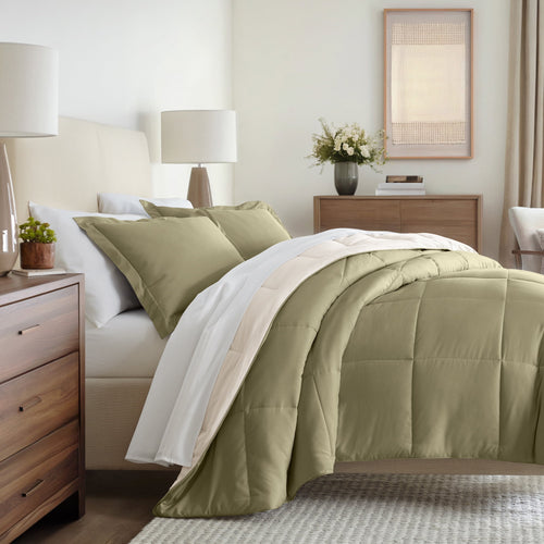 All Season Reversible Comforter Set Breathable Cool in Sage Green & Ivory Twin/Twin XL Size Bedding by Comfort Canopy