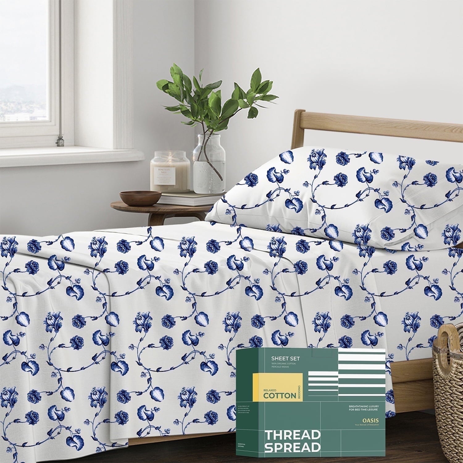 Thread Spread 100% Organic Cotton Sheets Queen Size - 4 PC Organic Cotton Queen Size Percale Weave Sheet Set, Soft, Cooling, Crisp & Breathable, 16" Deep Pocket Hotel Quality Bedding Set - White