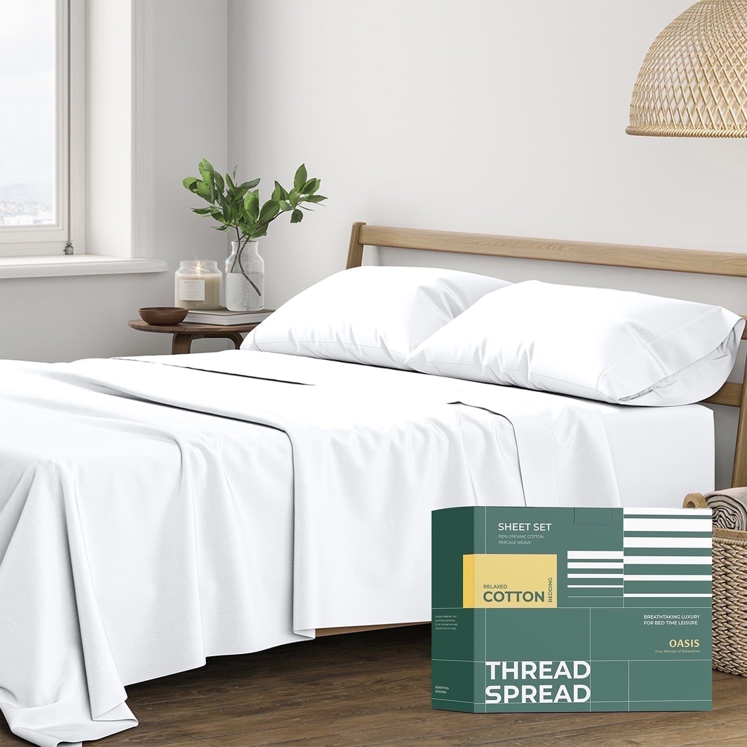 Thread Spread 100% Organic Cotton Sheets Queen Size - 4 PC Organic Cotton Queen Size Percale Weave Sheet Set, Soft, Cooling, Crisp & Breathable, 16" Deep Pocket Hotel Quality Bedding Set - White