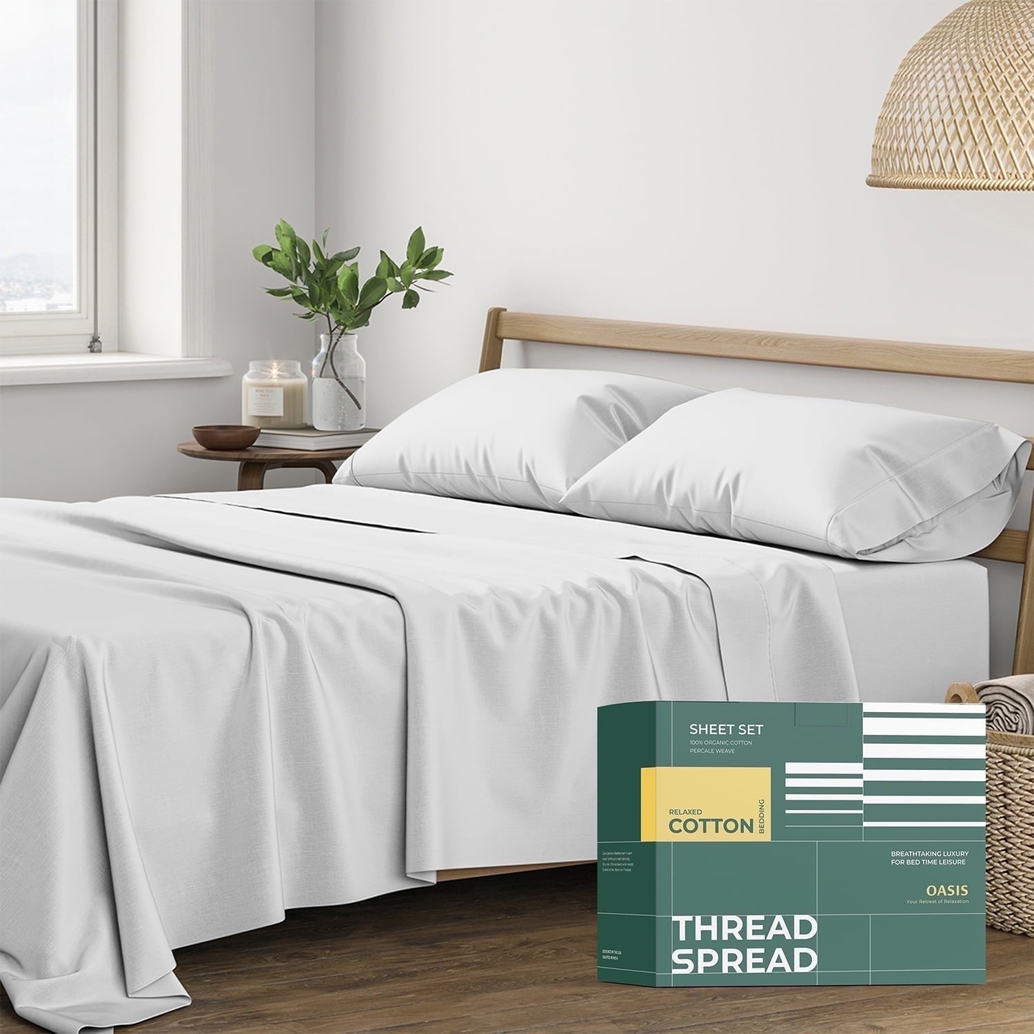 Thread Spread 100% Organic Cotton Sheets Queen Size - 4 PC Organic Cotton Queen Size Percale Weave Sheet Set, Soft, Cooling, Crisp & Breathable, 16" Deep Pocket Hotel Quality Bedding Set - White