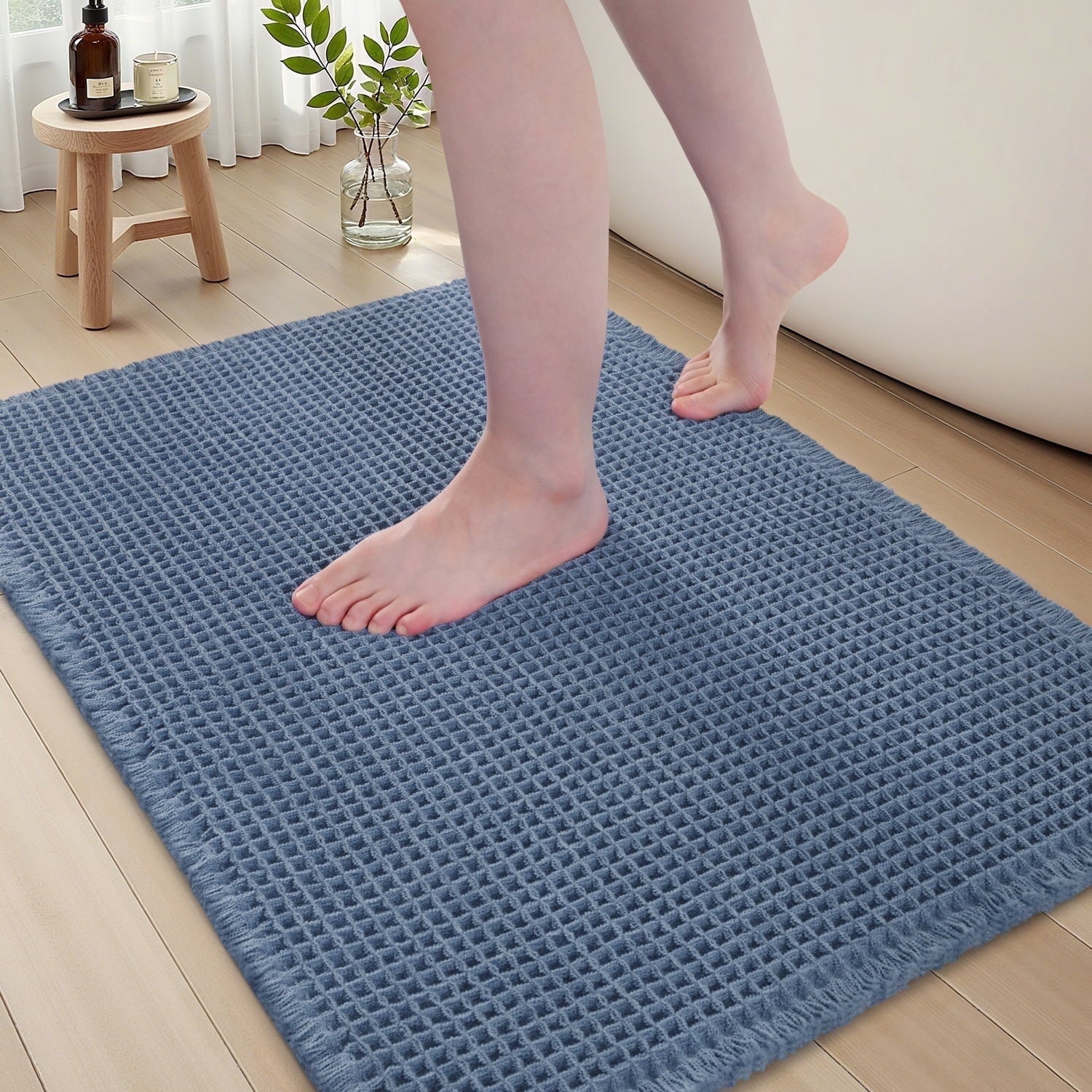 SIXHOME Bathroom Rugs Waffle Bath Rug Super Soft Absorbent Non Slip Bath Mat Beside Tub Rubber Backed Machine Washable Bathroom Rugs with Tassels Boho Bathroom Decor 17" x 24" Brown