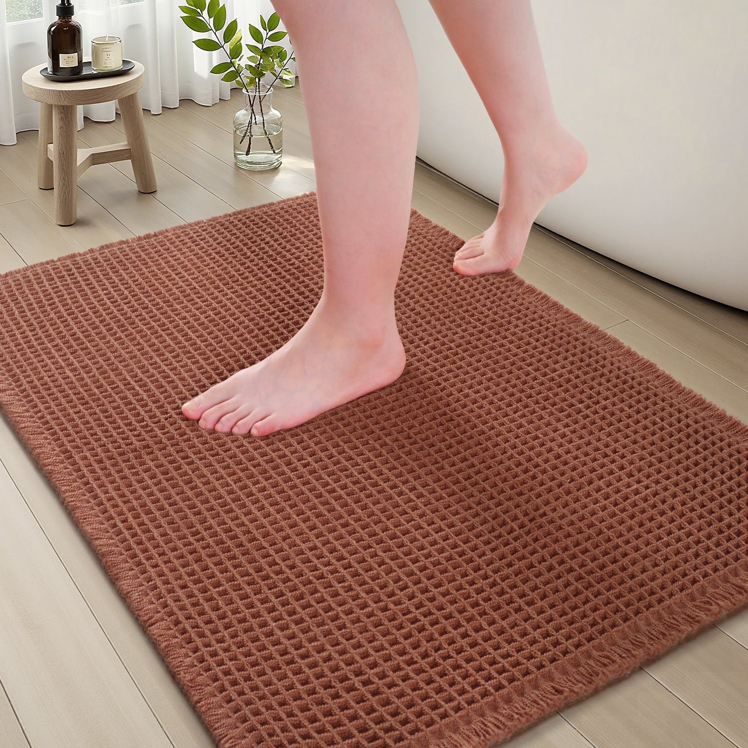 SIXHOME Bathroom Rugs Waffle Bath Rug Super Soft Absorbent Non Slip Bath Mat Beside Tub Rubber Backed Machine Washable Bathroom Rugs with Tassels Boho Bathroom Decor 17" x 24" Brown
