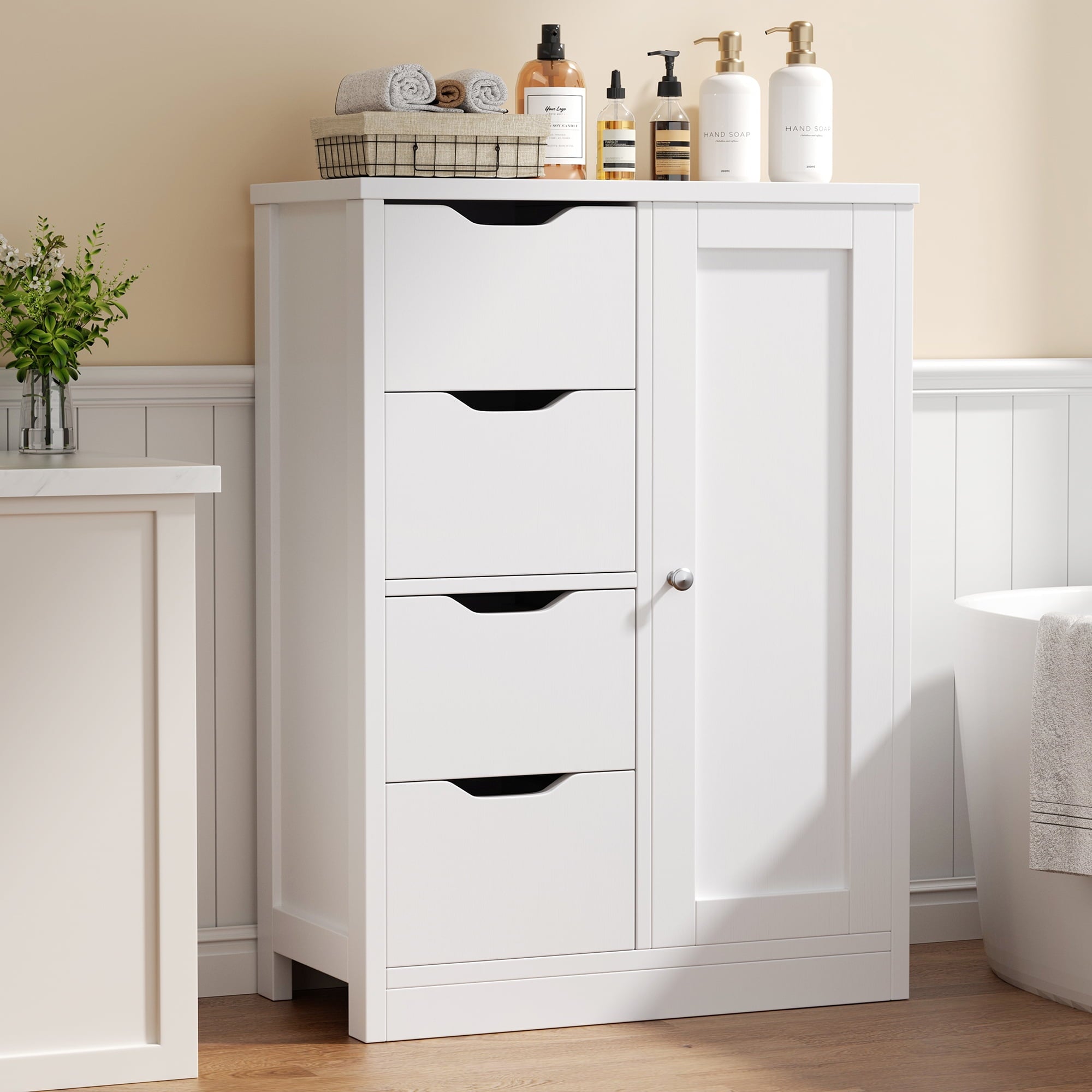 Walsunny Bathroom Floor Cabinet Storage Organizer Freestanding Wooden Cupboard with Door Drawers Adjustable Shelf for Small Spaces Laundry Room Kitchen Living Room Bedroom Home Office,White