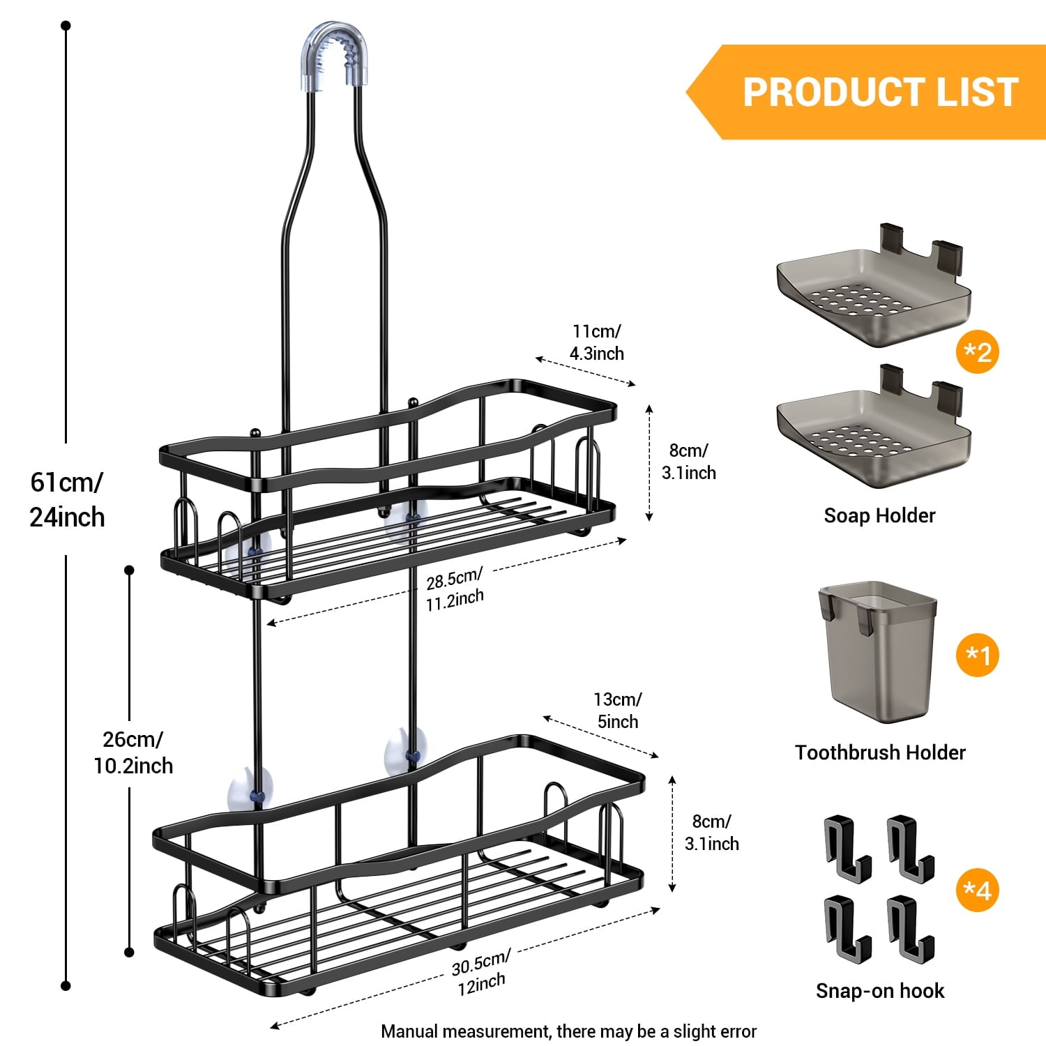 TINANA Hanging Shower Caddy, Rustproof Shower Shelf Racks Over Shower Head - No Drilling Bathroom Organizer for Shampoo with Soap Holder