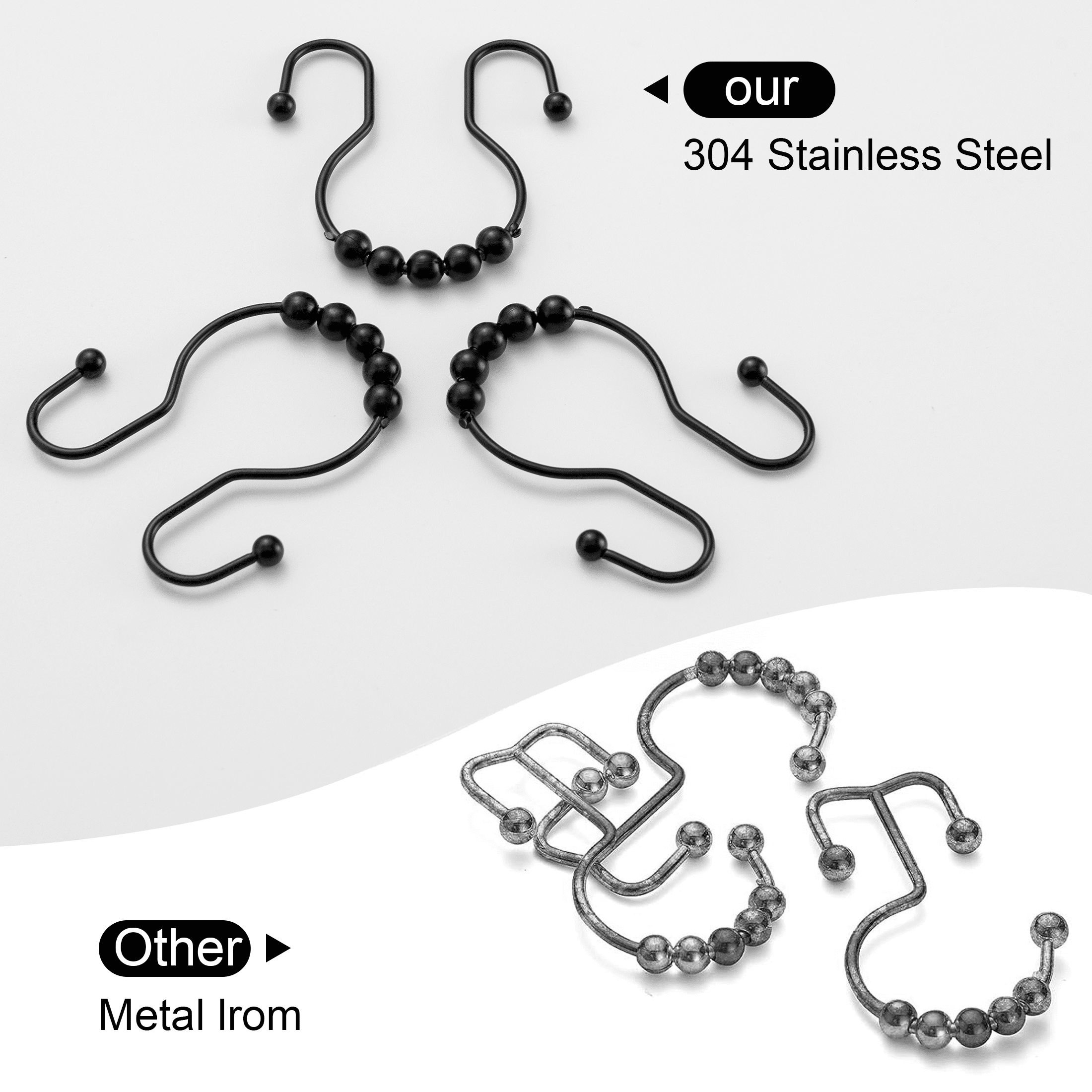 Siaomo Shower Curtain Hooks, 12 Pcs Shower Curtain Rings, Premium Stainless Steel, Rustproof, Easy Glide, for Bathroom Shower Rods Curtains - Double Hooks, Black