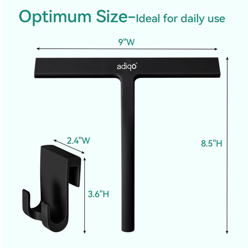 Adiqo 9" Silicone Shower Squeegee for Bathroom, Shower Doors, Mirrors - 100% Streak Free, Matte Black