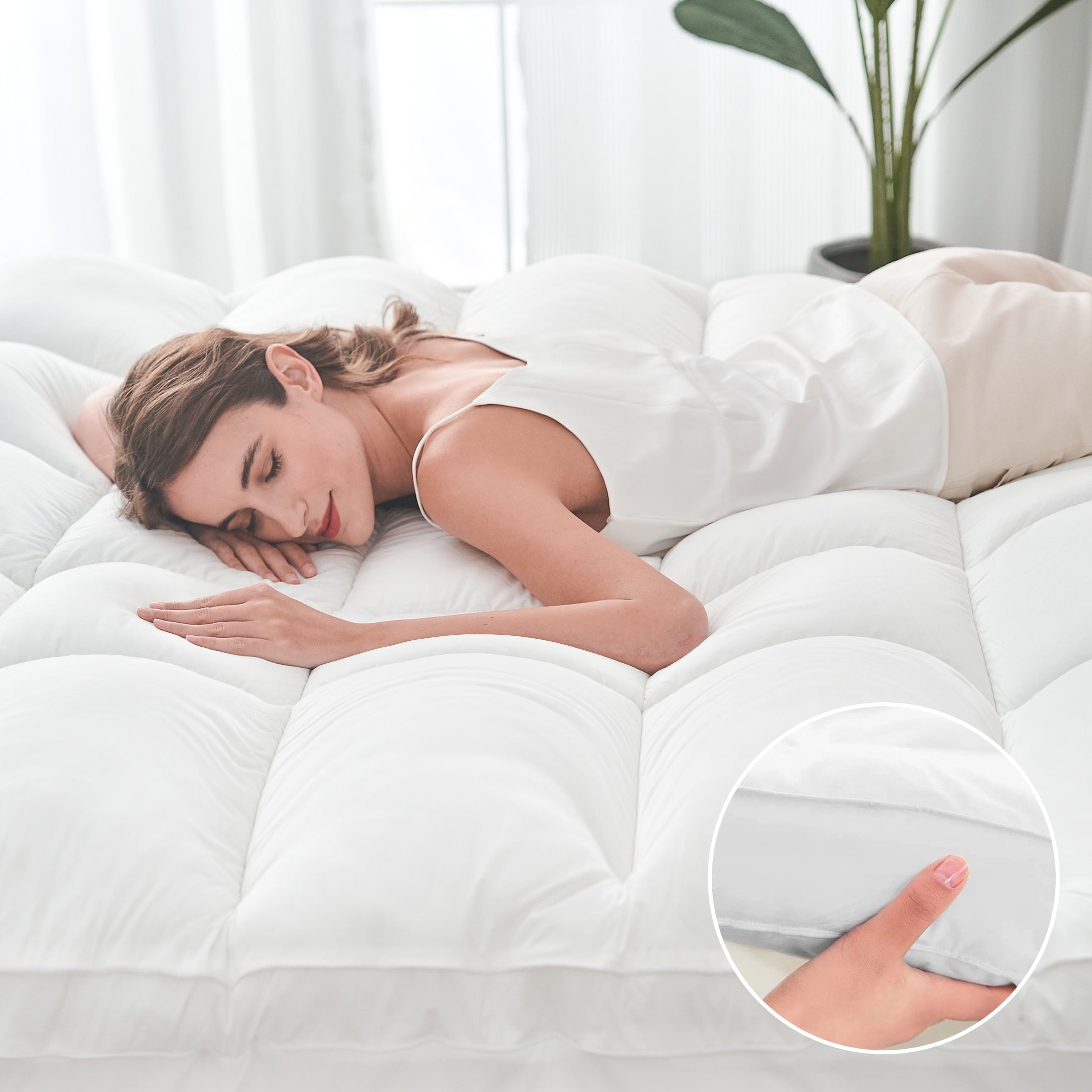 Teler Mattress Topper Queen Size for Back Pain, 400TC Extra Thick Mattress Pad Pillow Top, Quilted Fitted Mattress Protector Cover with 8-21" Deep Elastic Pocket, Soft & Breathable, White